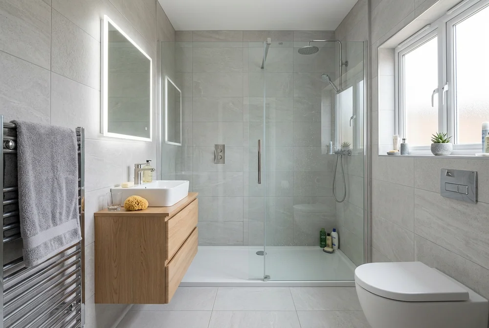 Modern UK family bathroom with a walk-in glass shower and contemporary vanity unit