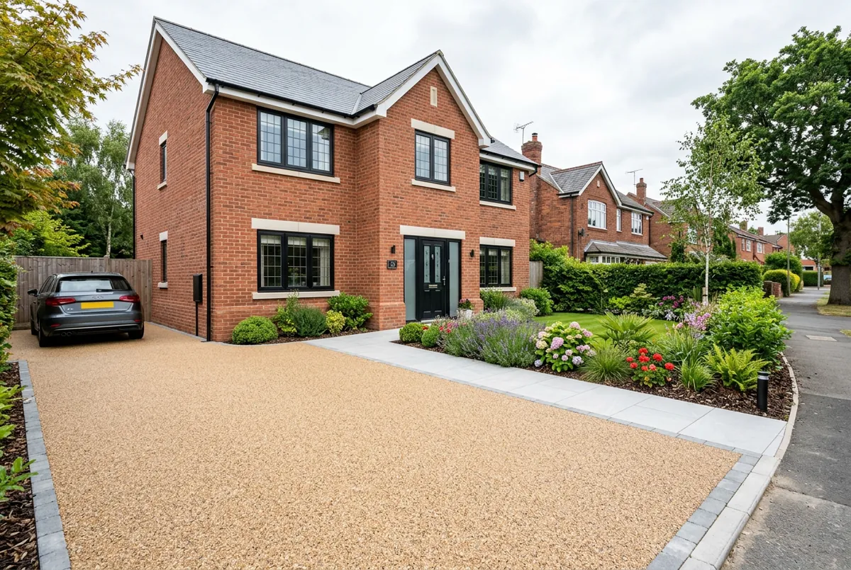 Premium resin bound driveway and porcelain patio in front of a modern UK red-brick home