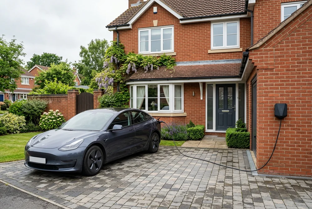 Electric car charging from a home wallbox on the driveway of a UK brick house