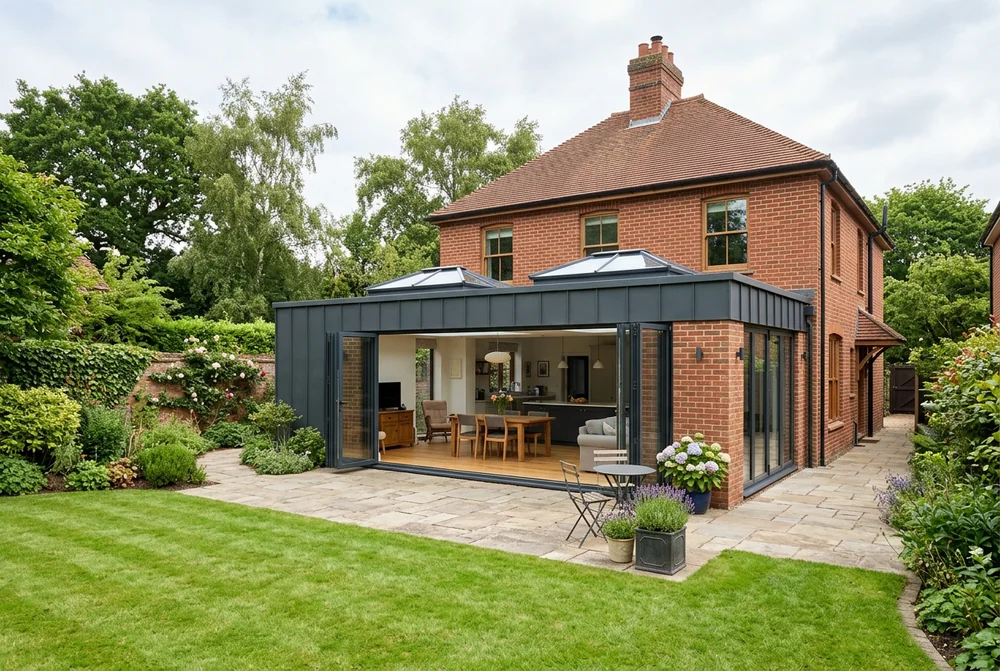 Modern UK red-brick home with a contemporary rear extension, anthracite bifold doors and roof lantern