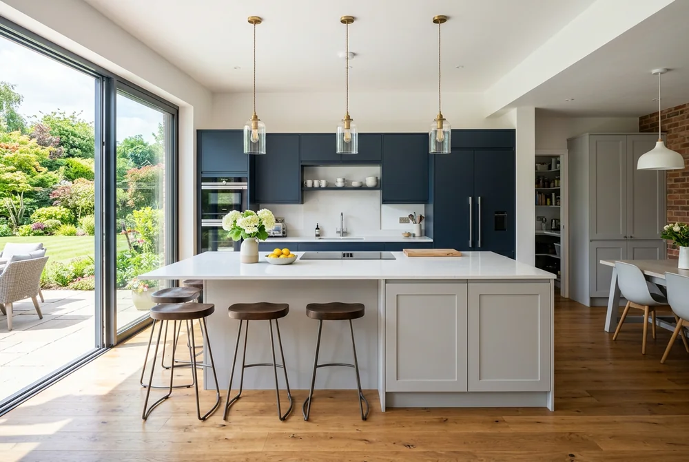 Premium modern UK fitted kitchen with a navy and grey island and quartz worktops