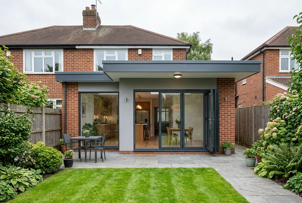 UK house rear extension with a RubberBond flat roof and bi-fold doors