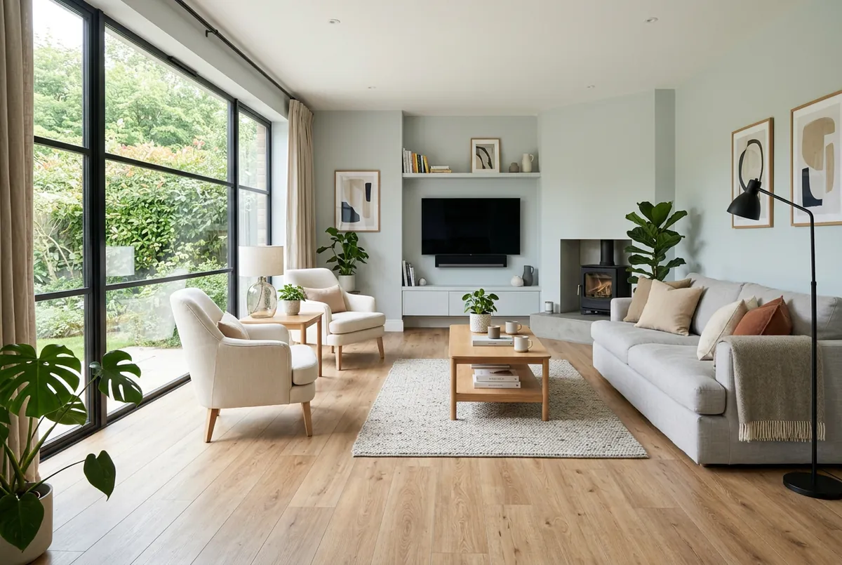 Modern UK living room with newly fitted light oak LVT flooring