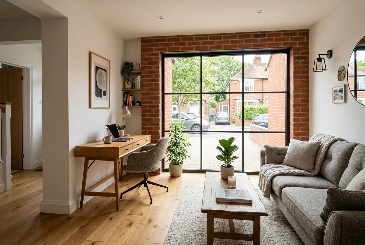 Bright modern UK garage conversion into a living space with a large picture window