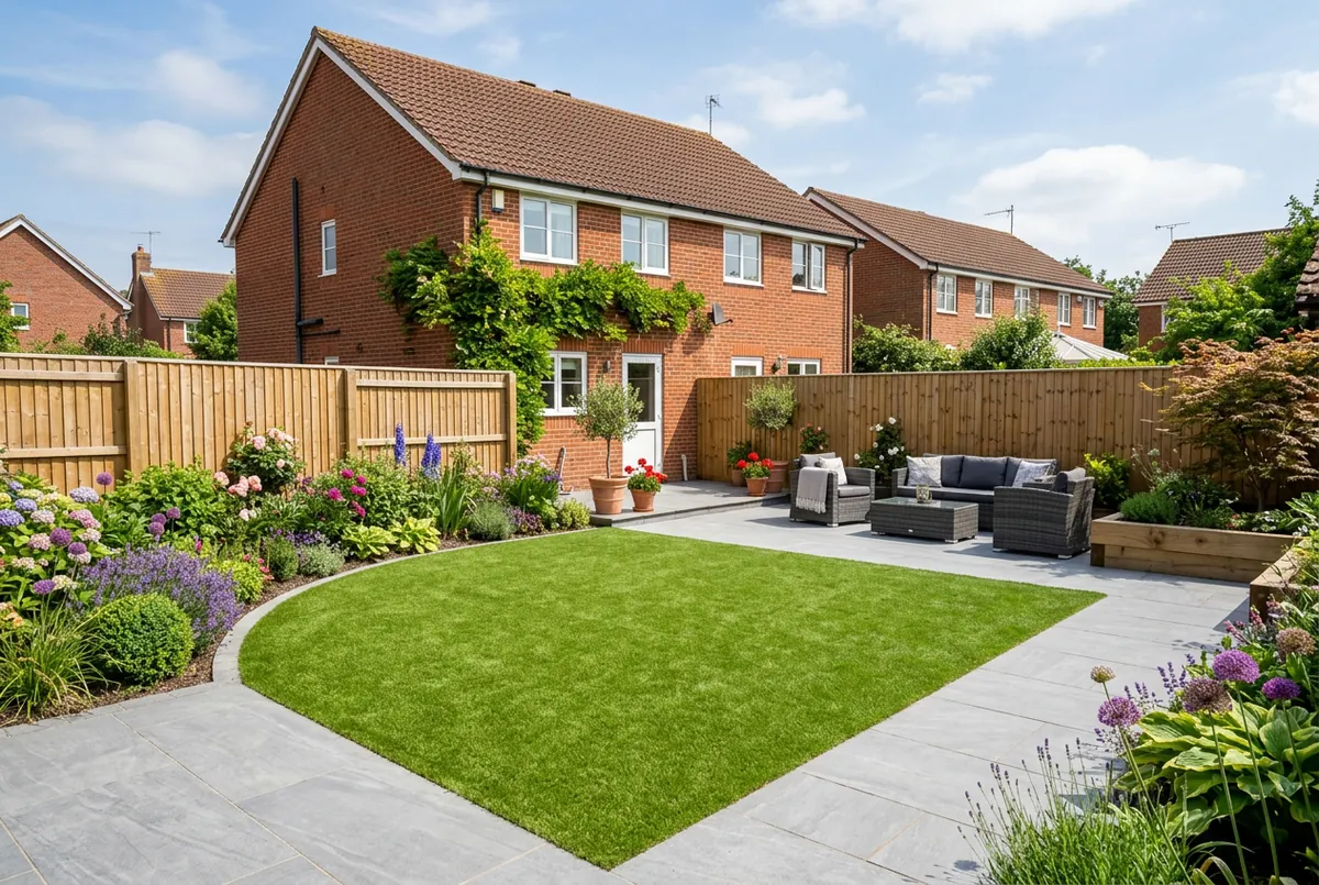 Landscaped UK back garden with artificial grass, porcelain paving and planted borders