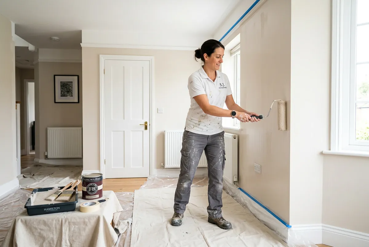 Professional decorator painting an interior wall in a bright modern UK home