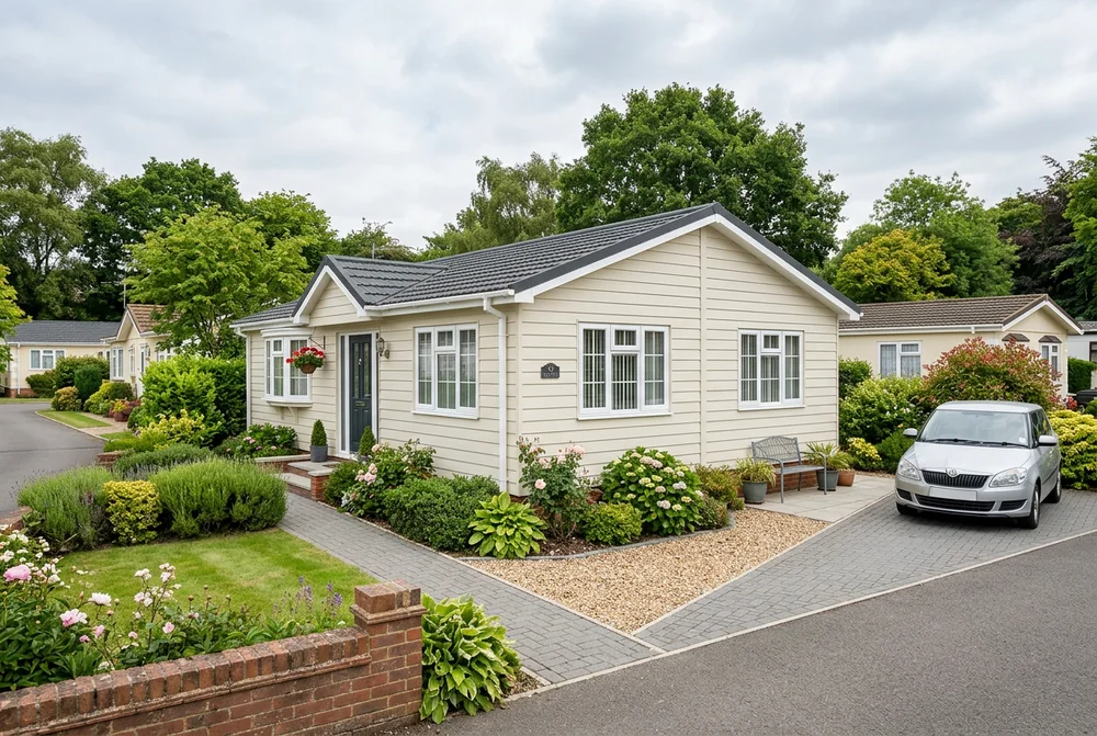 Modern UK residential park home bungalow with garden