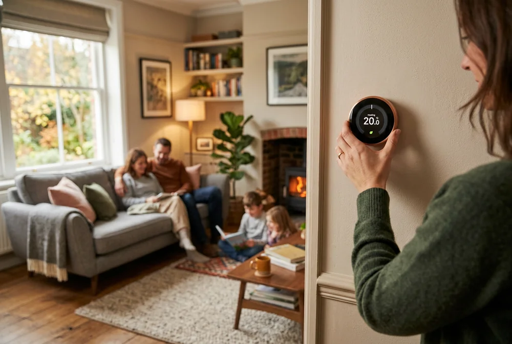 Homeowner adjusting a smart heating thermostat in a warm UK living room
