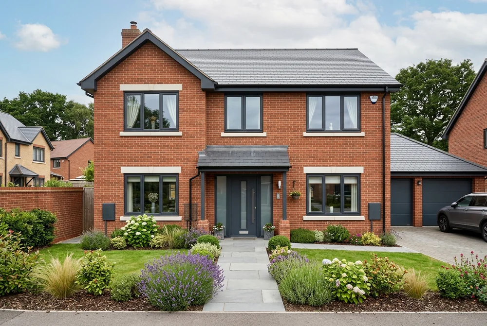 Modern UK red-brick home with an anthracite grey composite front door and matching windows